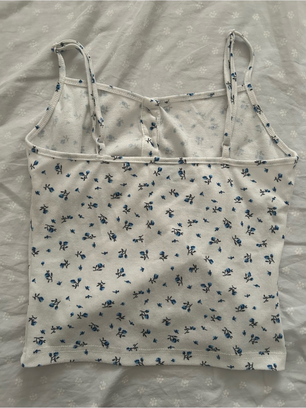 2/$10 White Floral Ribbed Tank Top with Blue Print - Picture 2 of 6